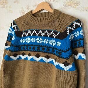 70s Mustard Brown Blue Black Nordic Mockneck Sweater Size L